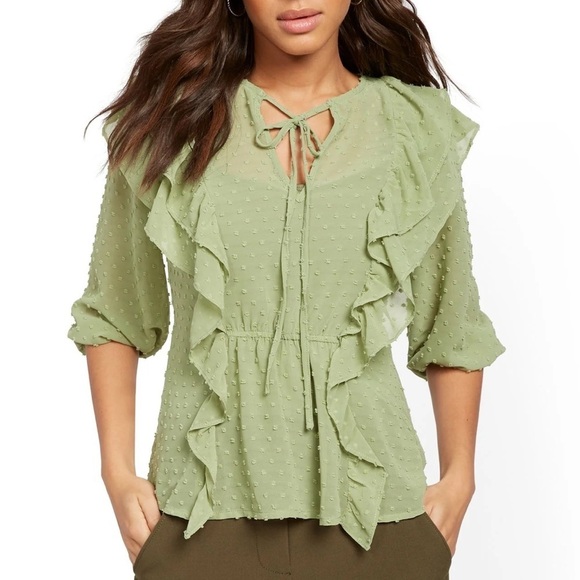 New York & Company Tops - New York & Company Olive Green Clip-Dot Ruffle Blouse - Lily & Cali XL